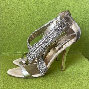 Badgley Mischka Women's 4.5” Silver Metallic Rhinestone Heeled Sandals